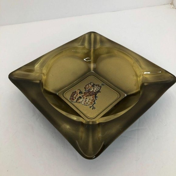 Vintage Retro Boho Olive Glass Owl Ashtray Bowl - Picture 4 of 6